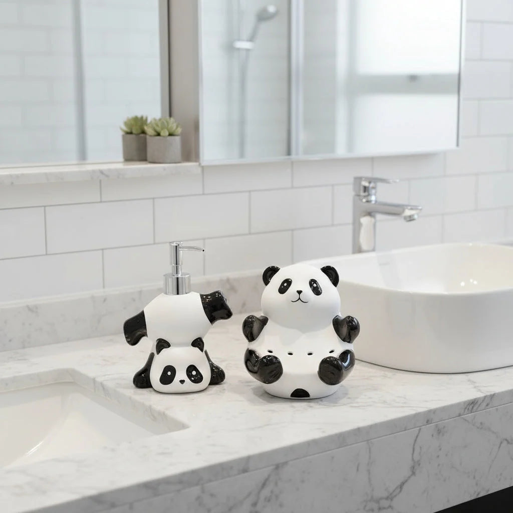 Soap Dispenser Ceramic Panda Design Compact Countertop Style