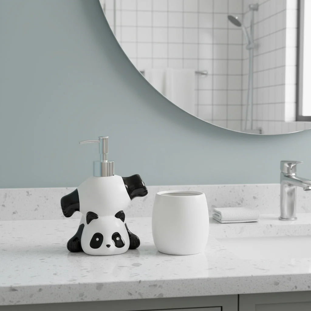 Soap Dispenser Ceramic Panda Design Compact Countertop Style