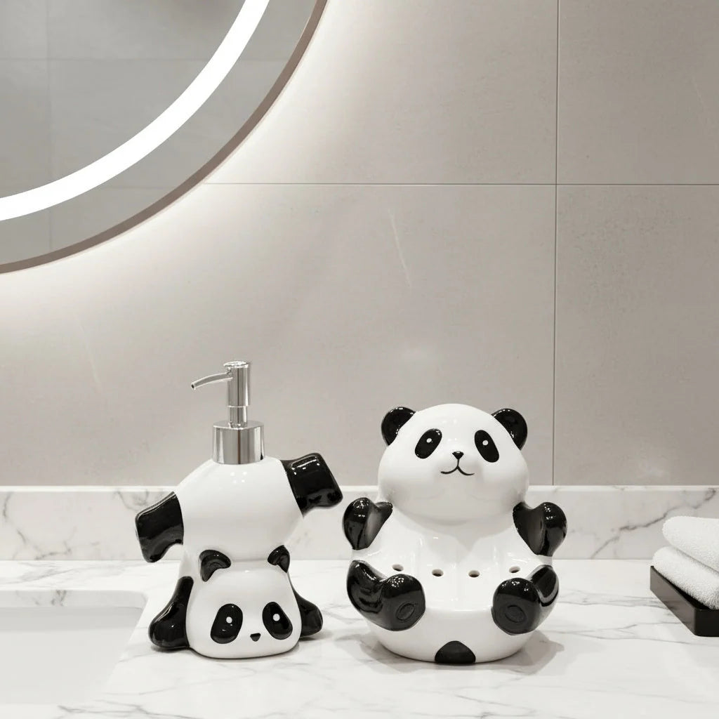 Soap Dispenser Ceramic Panda Design Compact Countertop Style