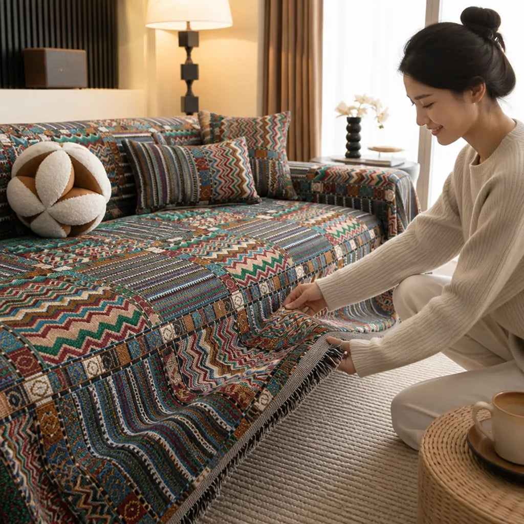 Sofa Cover Boho Striped Chenille Fade-Resistant & Machine Washable