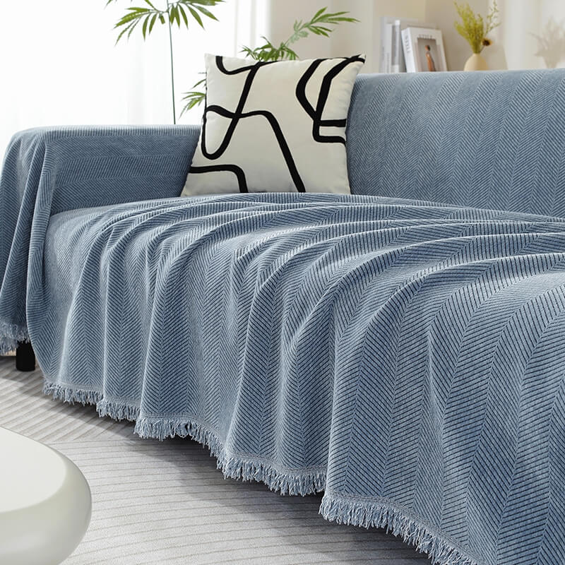 Sofa Throw Chenille Herringbone Fringed Machine Washable