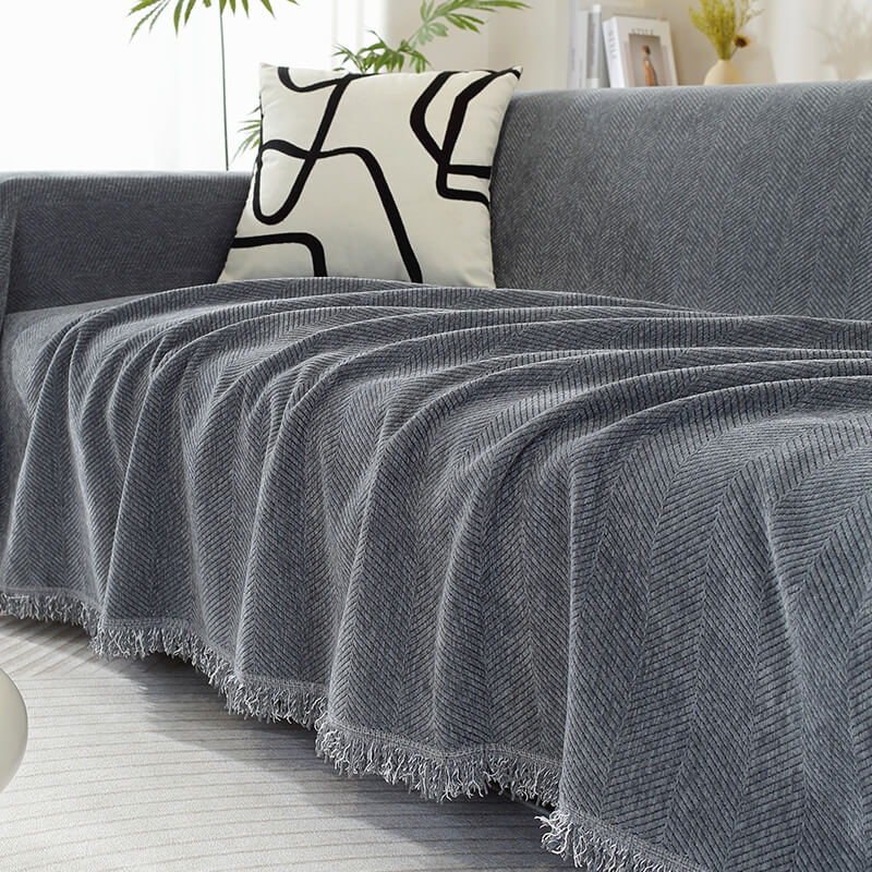 Sofa Throw Chenille Herringbone Fringed Machine Washable