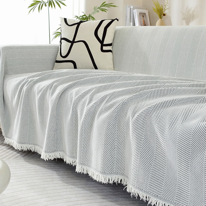 Sofa Throw Chenille Herringbone Fringed Machine Washable
