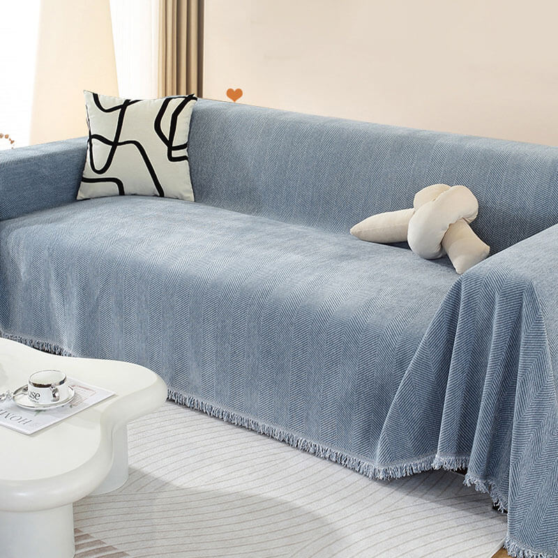 Sofa Throw Chenille Herringbone Fringed Machine Washable