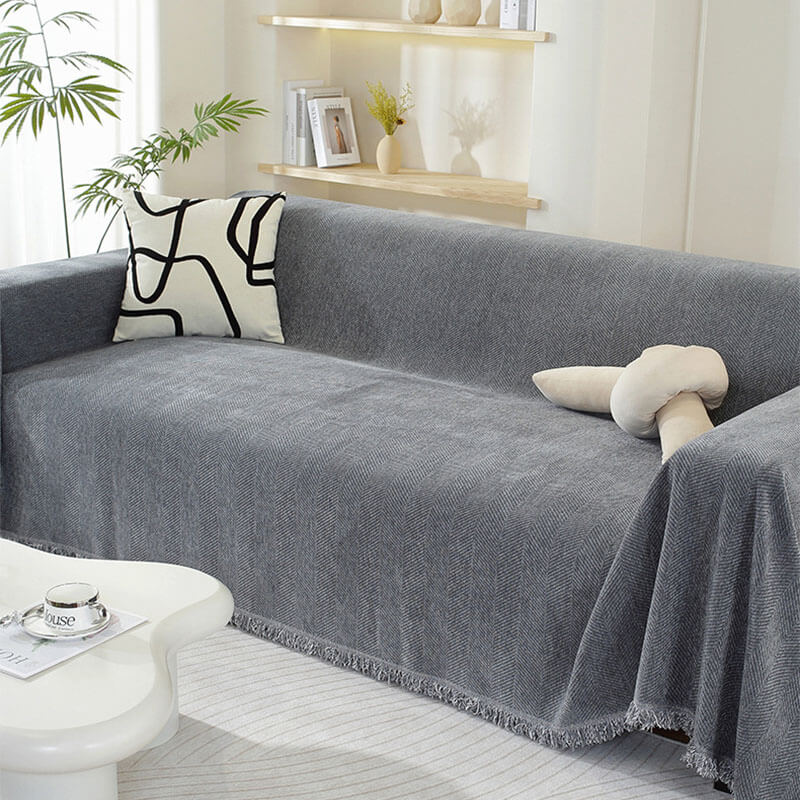 Sofa Throw Chenille Herringbone Fringed Machine Washable