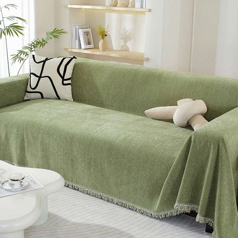 Sofa Throw Chenille Herringbone Fringed Machine Washable