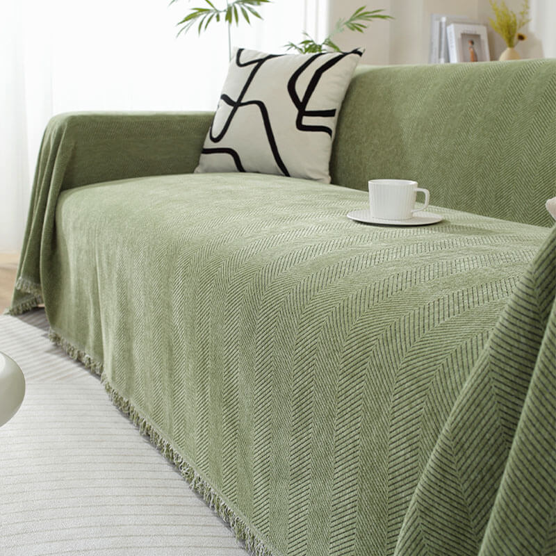 Sofa Throw Chenille Herringbone Fringed Machine Washable
