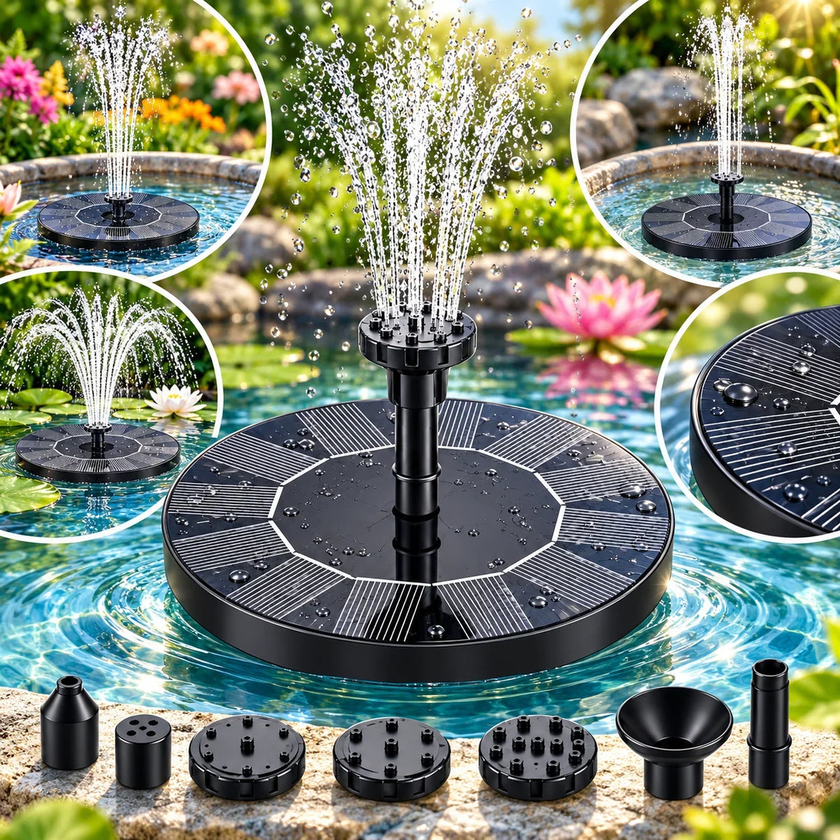 Solar Fountain Pump Floating Solar-Powered Interchangeable Heads