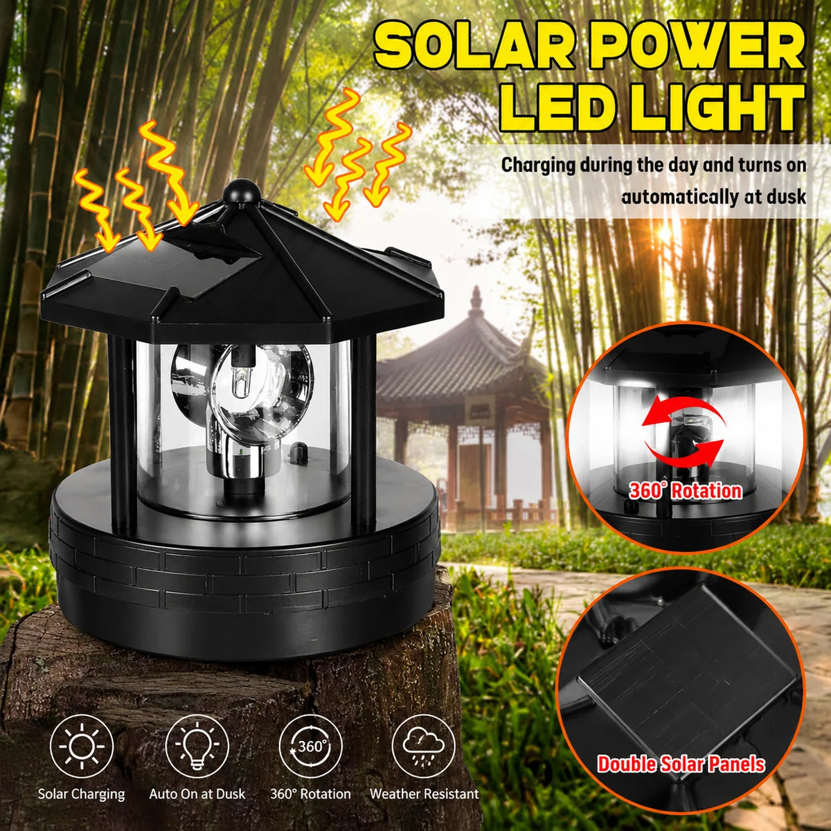 Solar Garden Light Dual Panel Rotating Beacon Automatic Dusk Activation