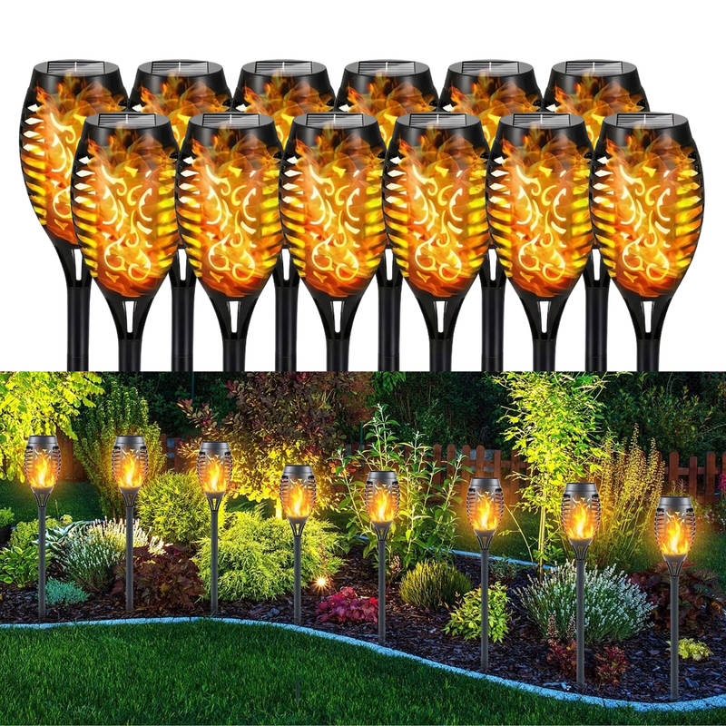 Solar Tiki Torch Lights Flickering Flame Set of 12