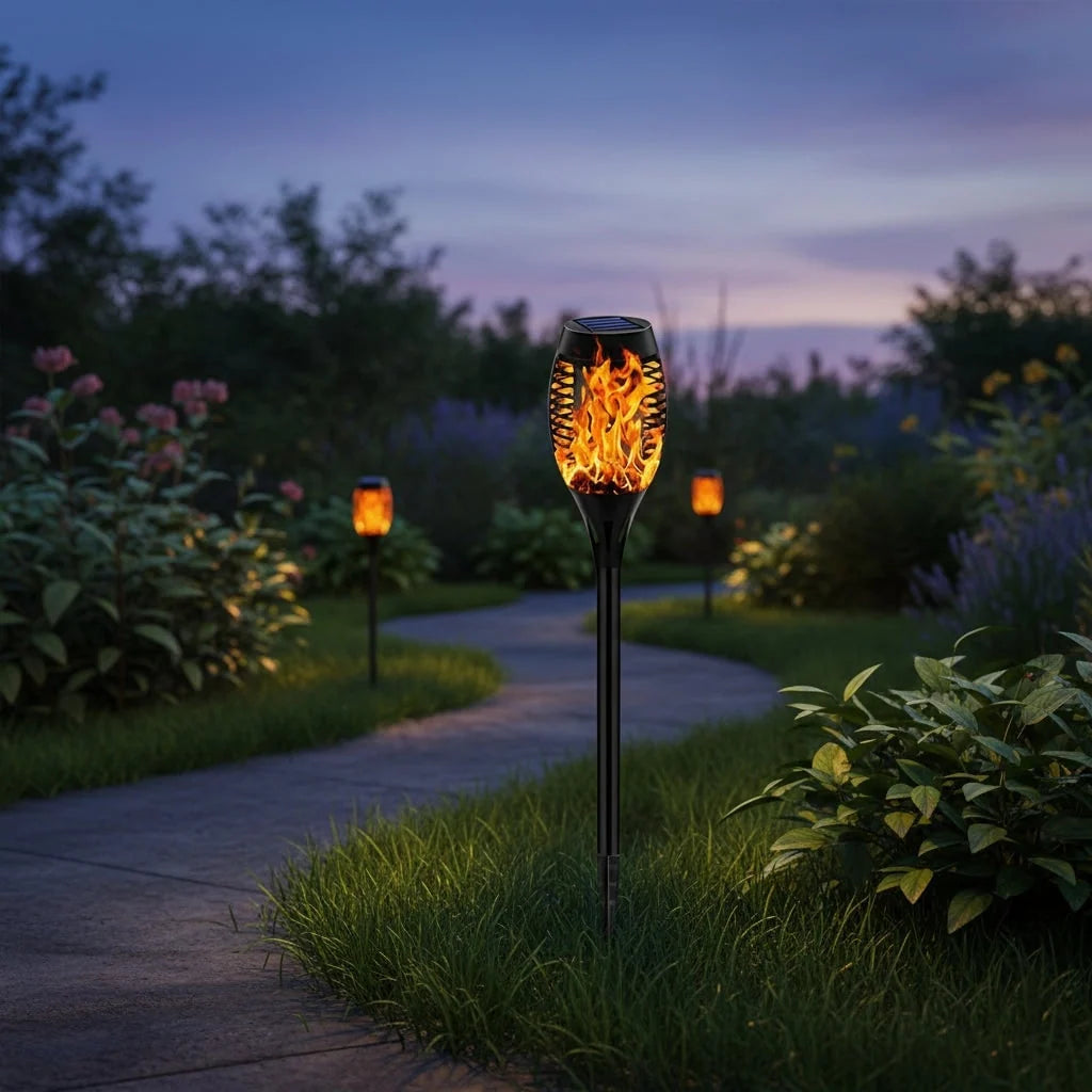 Solar Torch Lights Flickering Flame Effect Automatic Dusk-To-Dawn