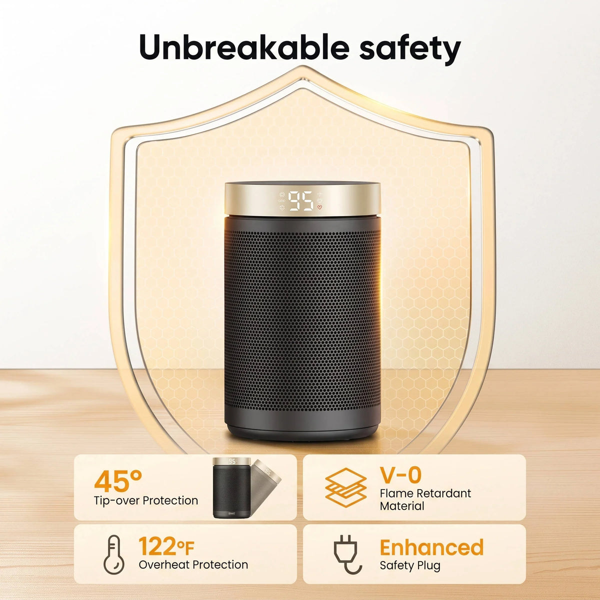 Space Heater Adjustable Thermostat Tip-Over & Overheat Protection