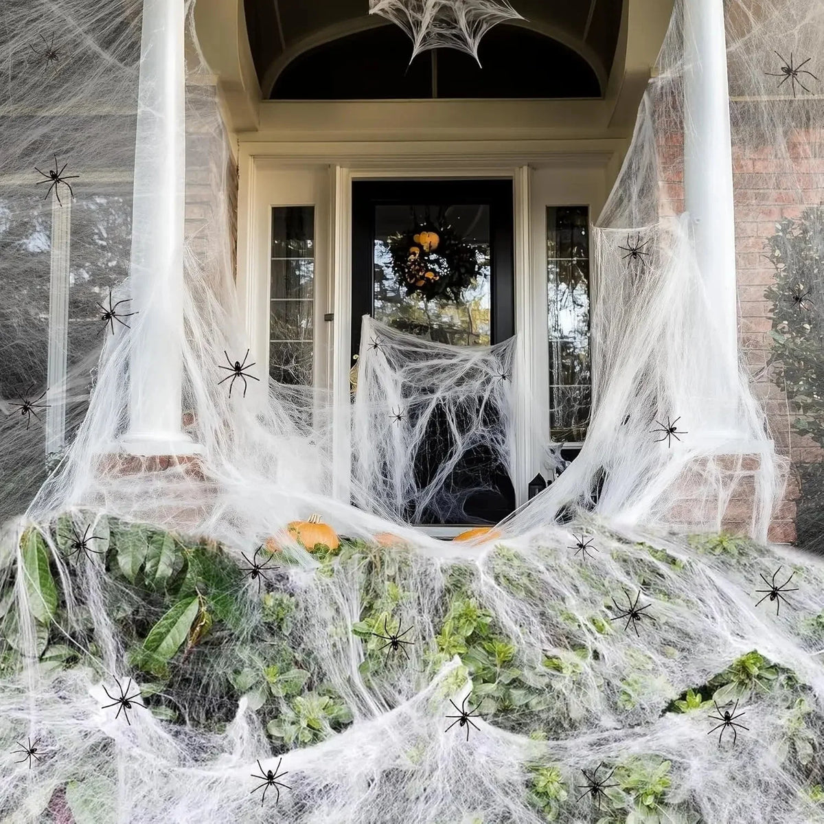 Spider Web Decoration Stretchable With Black Spiders