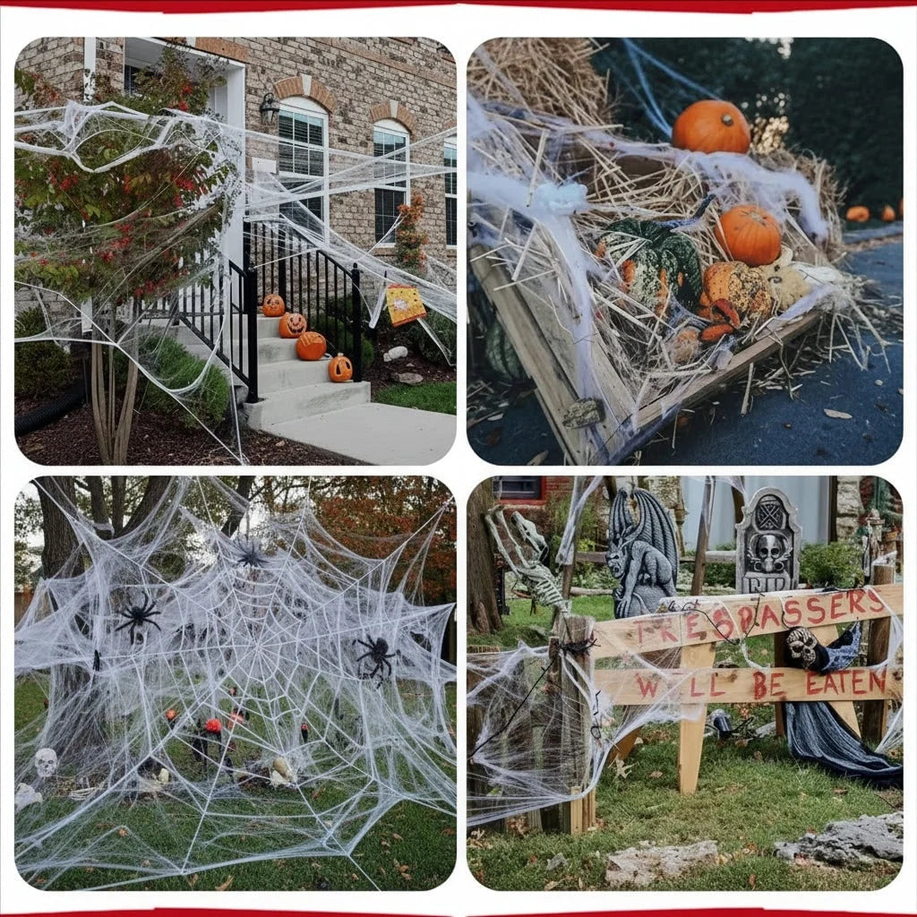 Spider Web Decoration Stretchable With Black Spiders