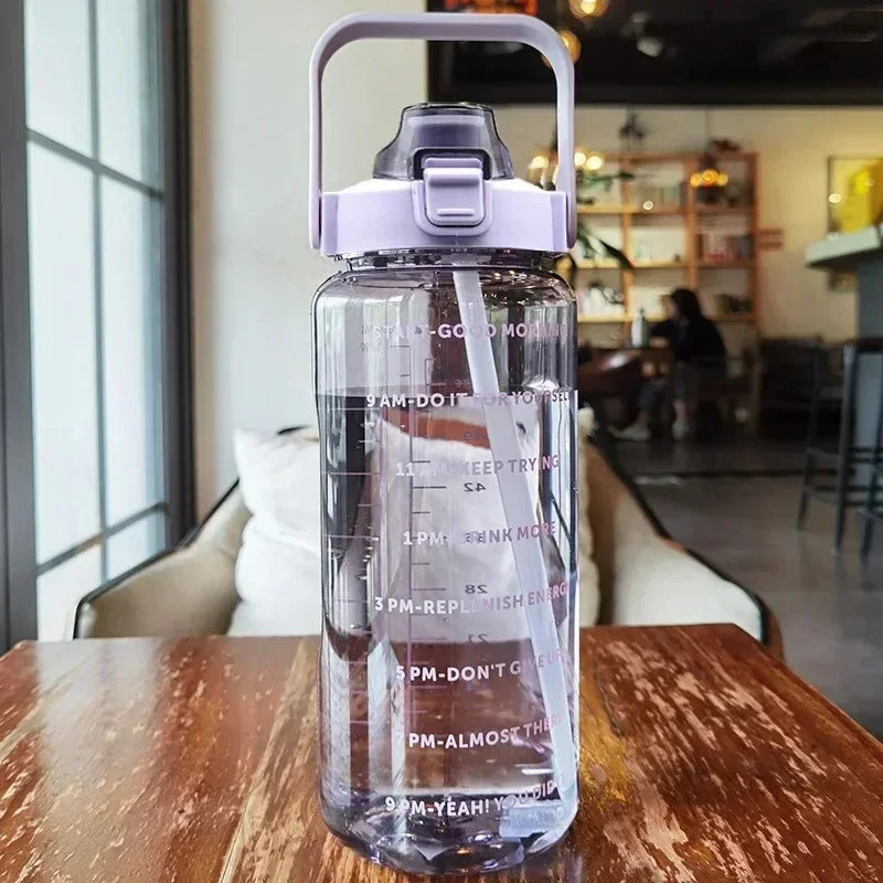 Sports Water Bottle Integrated Straw Time Markings 2L Capacity