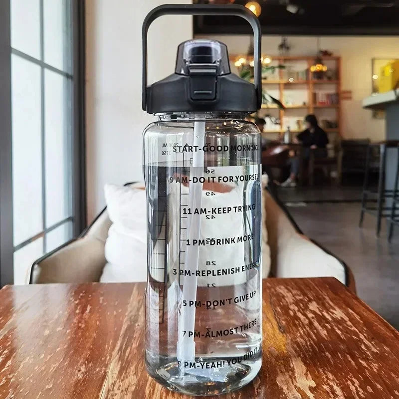 Sports Water Bottle Integrated Straw Time Markings 2L Capacity