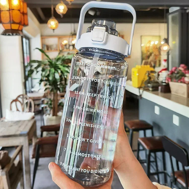 Sports Water Bottle Integrated Straw Time Markings 2L Capacity