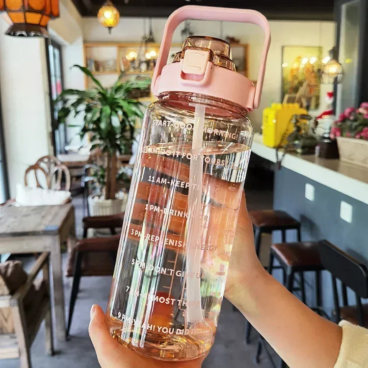 Sports Water Bottle Integrated Straw Time Markings 2L Capacity