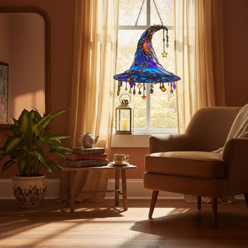 Stained Glass Suncatcher Witch Hat Crystal Pendants