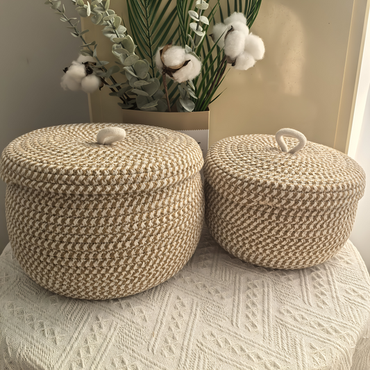 Storage Basket Handwoven Jute-Cotton Dust-Proof Lid Three Sizes