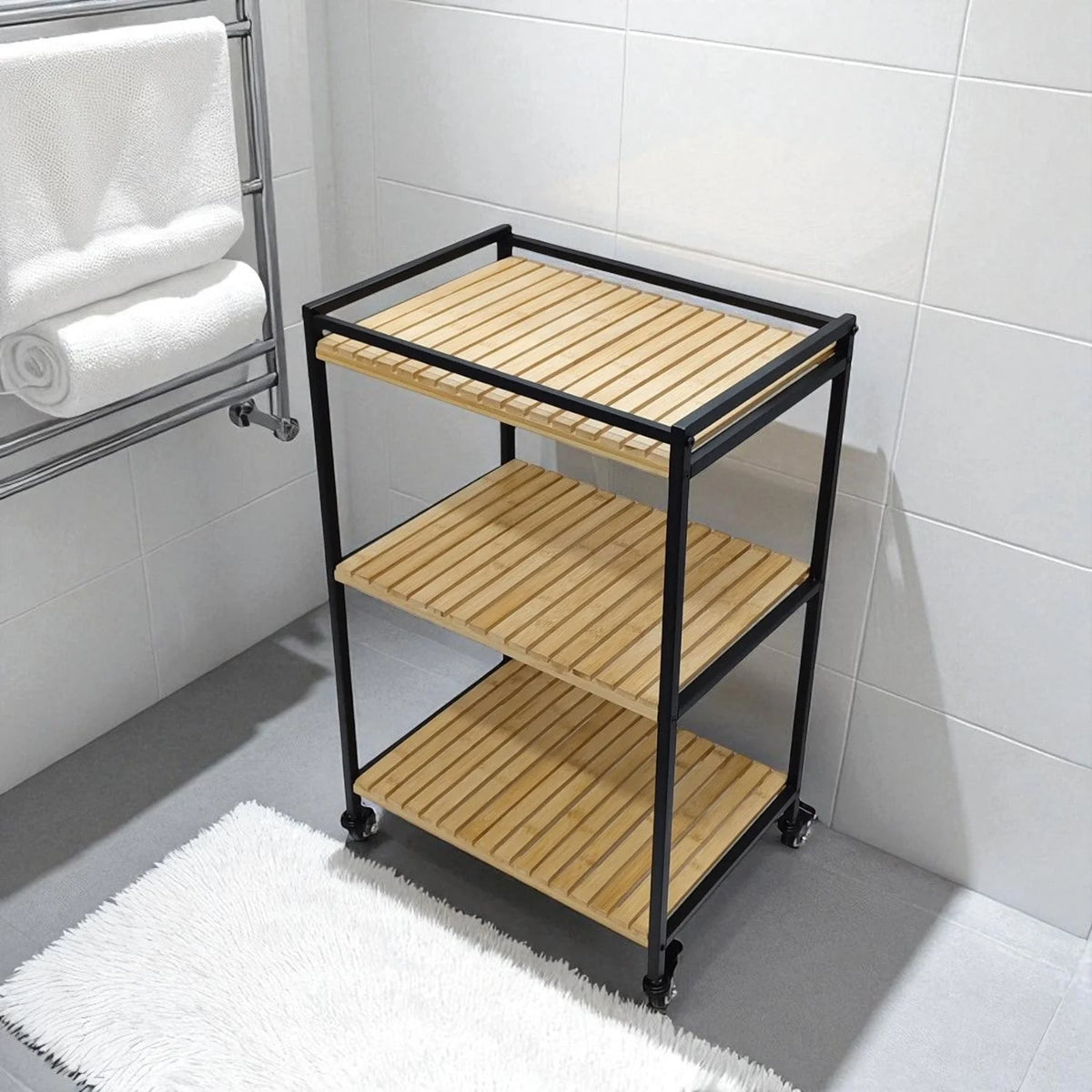 Storage Trolley Bamboo 3-Tier Rolling Shelves