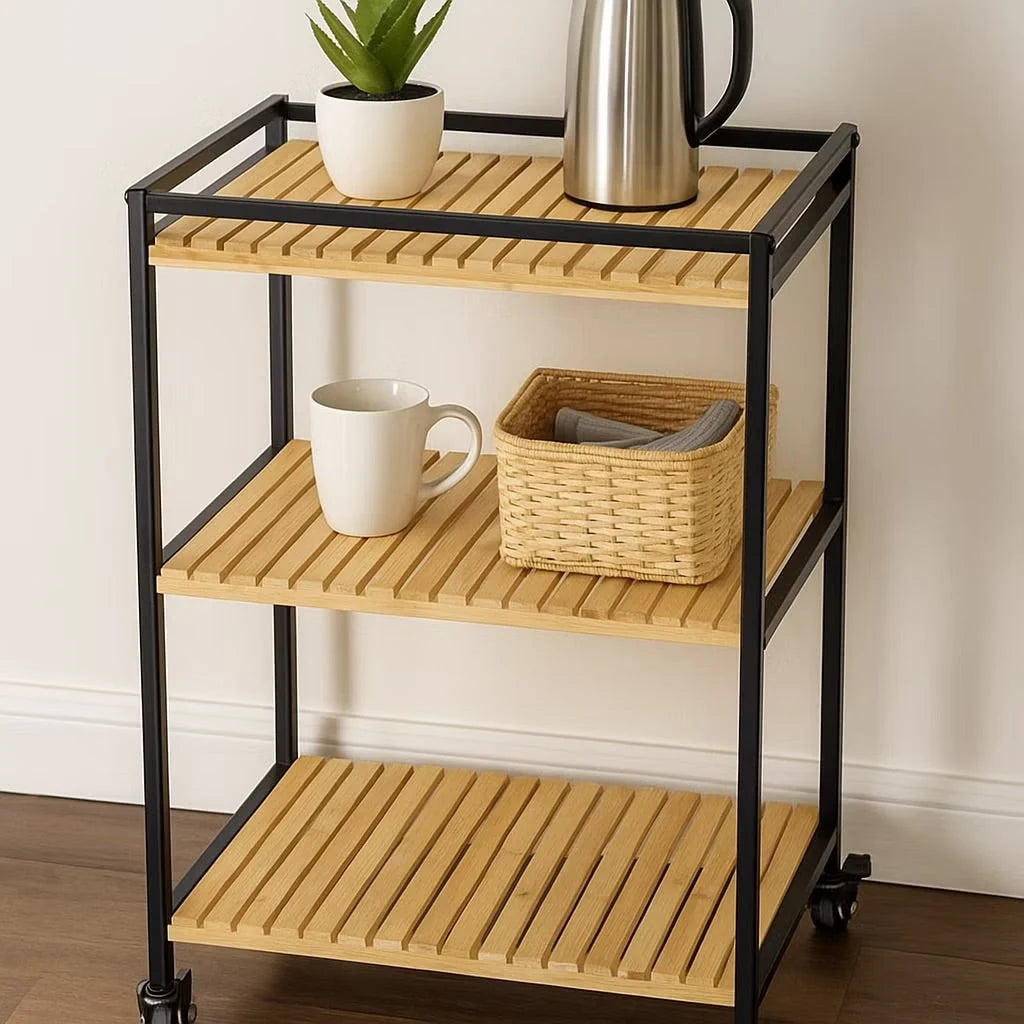 Storage Trolley Bamboo 3-Tier Rolling Shelves