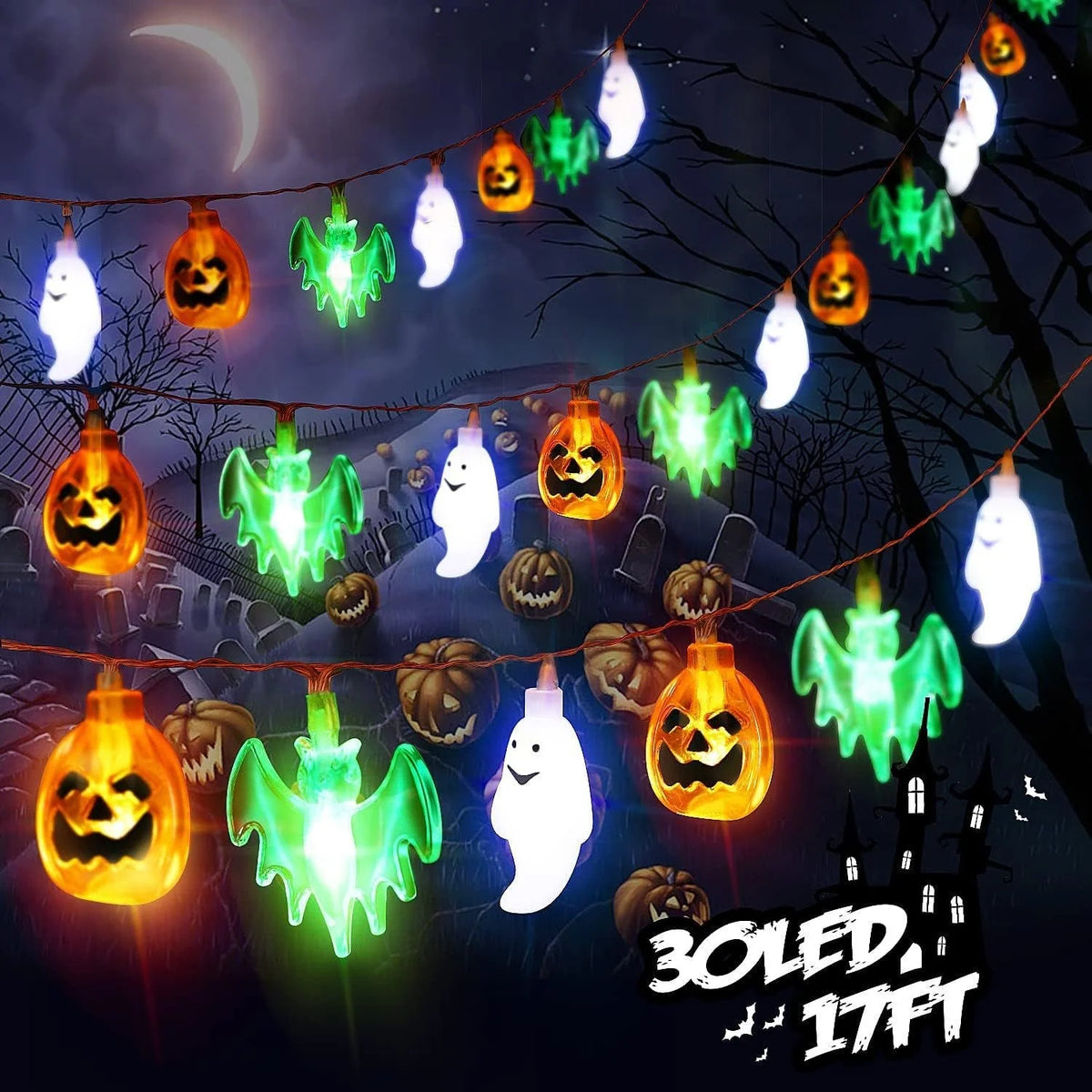 String Lights Halloween LED Bat Ghost & Pumpkin Figures