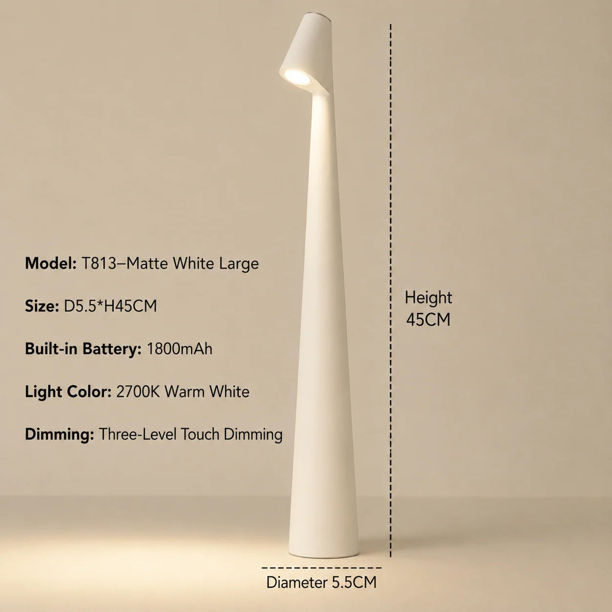 Table Lamp Cordless Rechargeable Touch-Dimmable Warm White Light