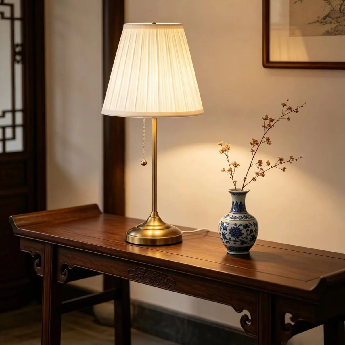 Table Lamp Pleated Shade Weighted Base Pull Chain