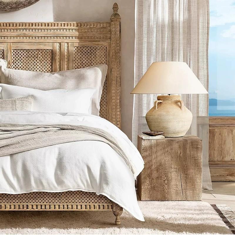 Table Lamp Rustic Pottery Base Cream Fabric Shade