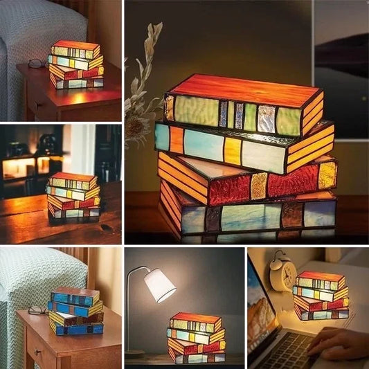 Table Lamp Stacked Books Handmade Stained Glass