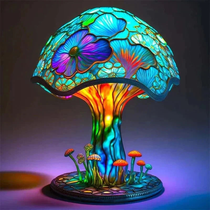 Table Lamp Stained Glass Effect Resin Shade Warm LED Light