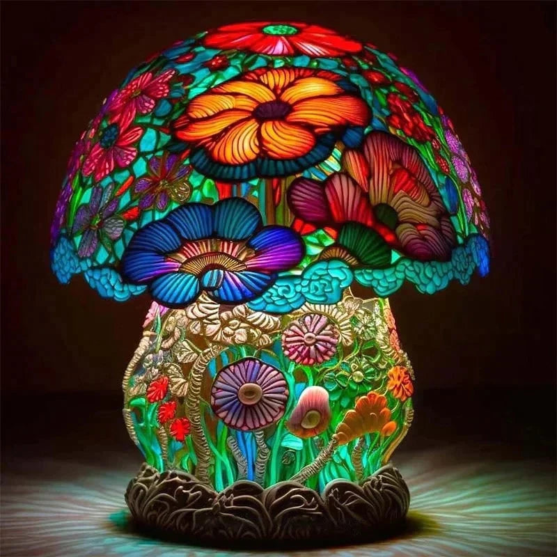 Table Lamp Stained Glass Effect Resin Shade Warm LED Light