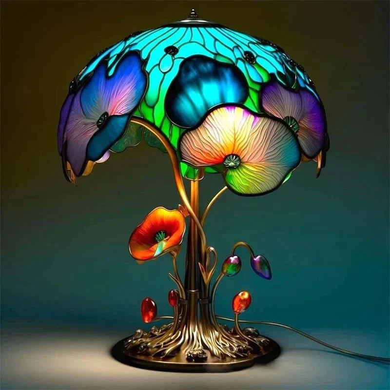 Table Lamp Stained Glass Effect Resin Shade Warm LED Light
