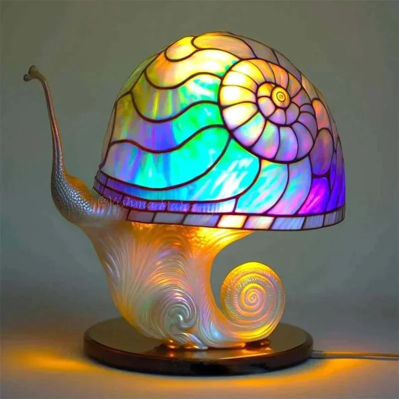 Table Lamp Stained Glass Effect Resin Shade Warm LED Light