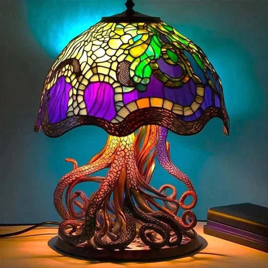 Table Lamp Stained Glass Effect Resin Shade Warm LED Light