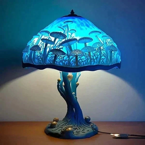 Table Lamp Stained Glass Effect Resin Shade Warm LED Light