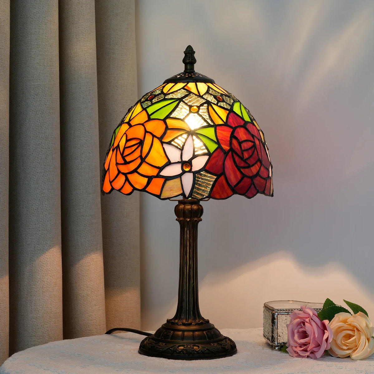 Table Lamp Stained Glass Shade E27 Socket Warm Ambient Light