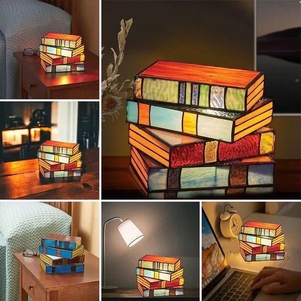 Table Lamp Stained Glass Stacked Books Design