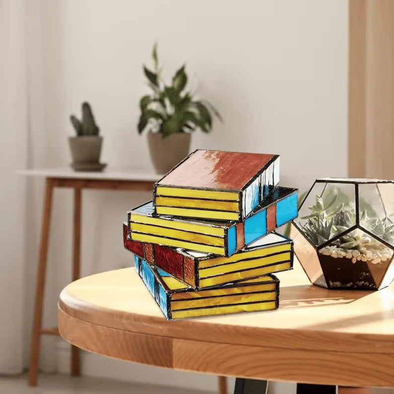 Table Lamp Stained Glass Stacked Books Design