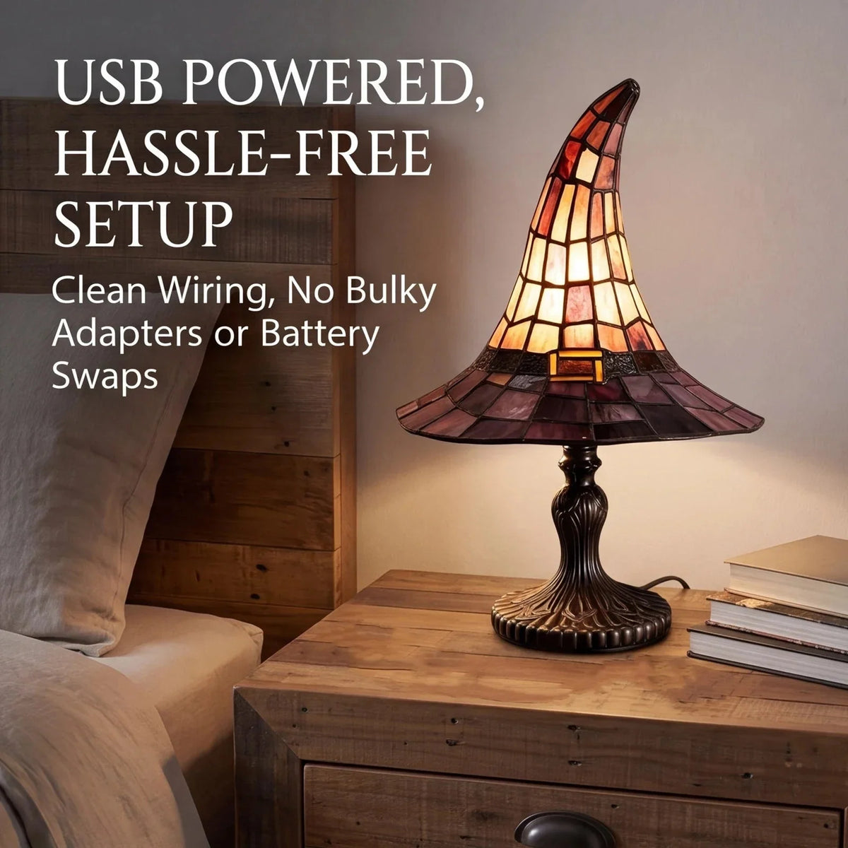 Table Lamp Stained Glass Witch Hat USB Powered