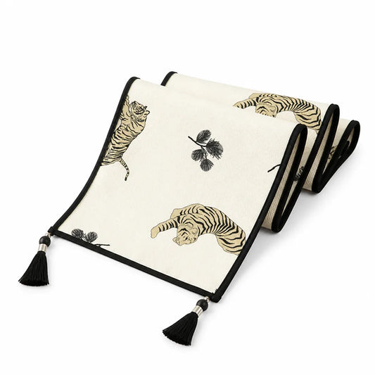 Table Runner Cotton-Linen Blend Stylized Tiger Print Tassels