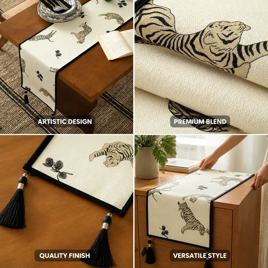 Table Runner Cotton-Linen Blend Stylized Tiger Print Tassels