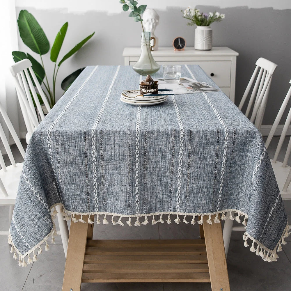 Tablecloth Cotton-Linen Blend Striped Tassel Trim Stain-Resistant