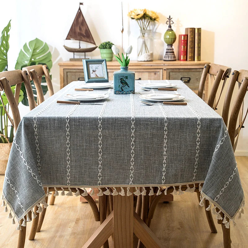 Tablecloth Cotton-Linen Blend Striped Tassel Trim Stain-Resistant