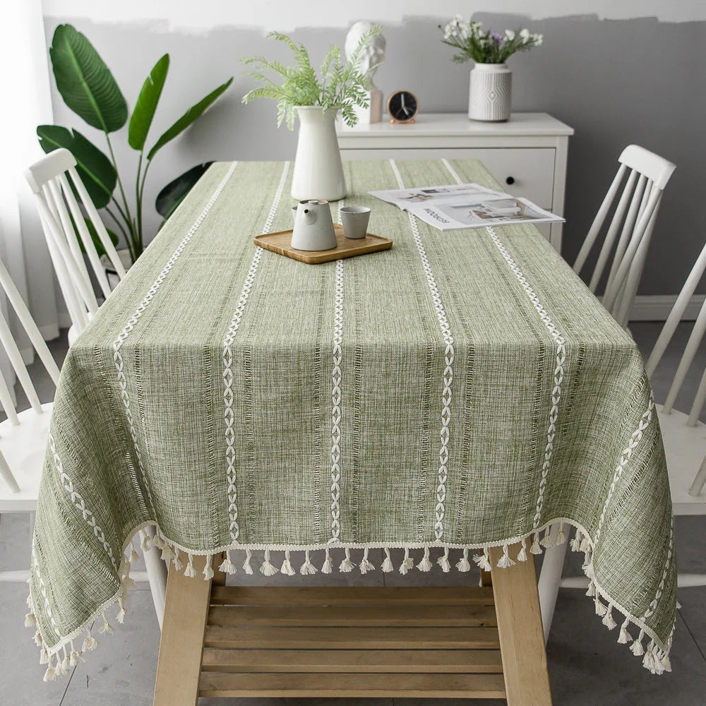 Tablecloth Cotton-Linen Blend Striped Tassel Trim Stain-Resistant