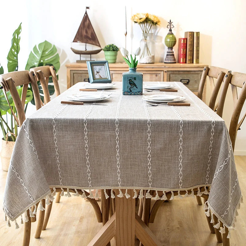 Tablecloth Cotton-Linen Blend Striped Tassel Trim Stain-Resistant