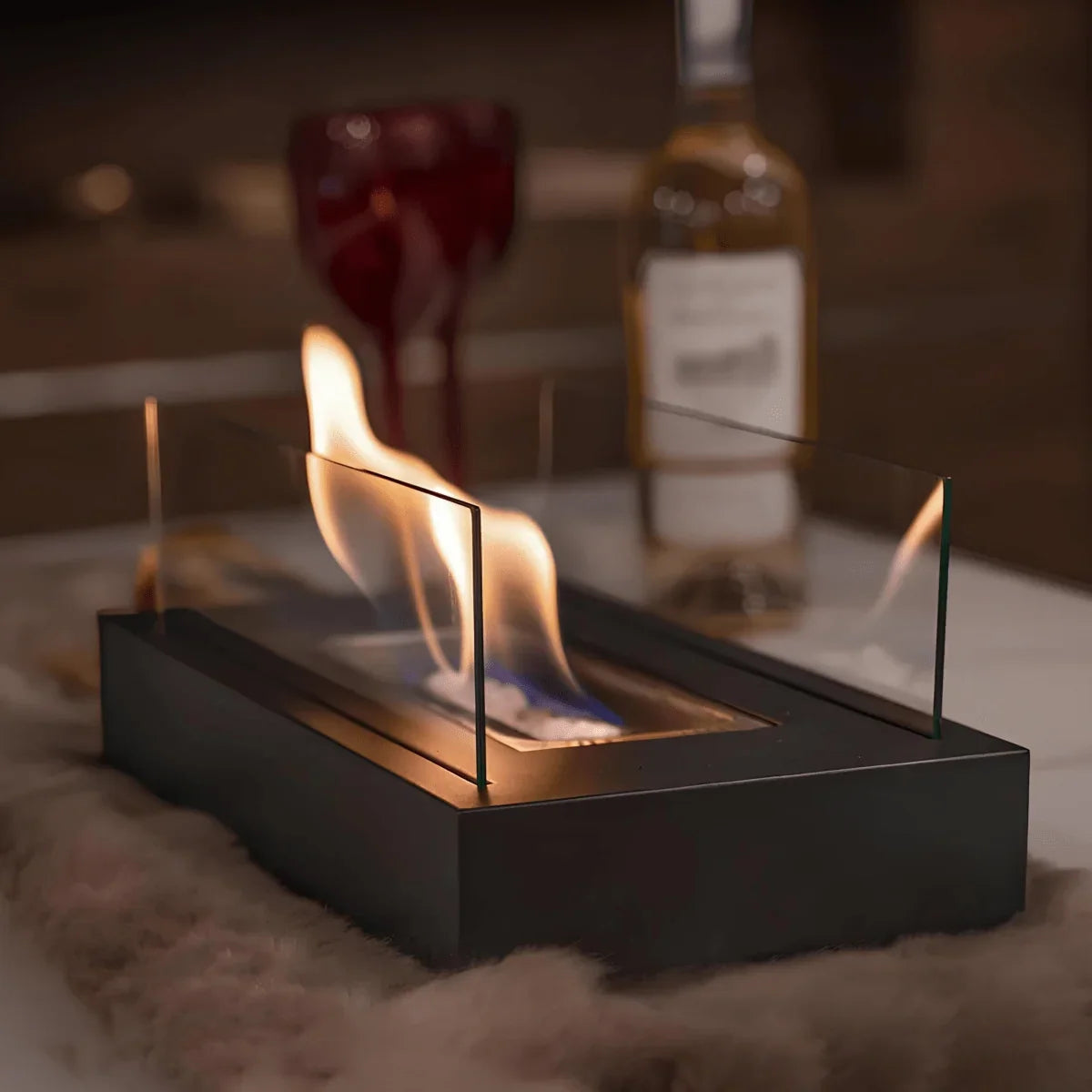 Tabletop Bioethanol Fireplace Portable Tempered Glass & Steel Smoke-Free Burning