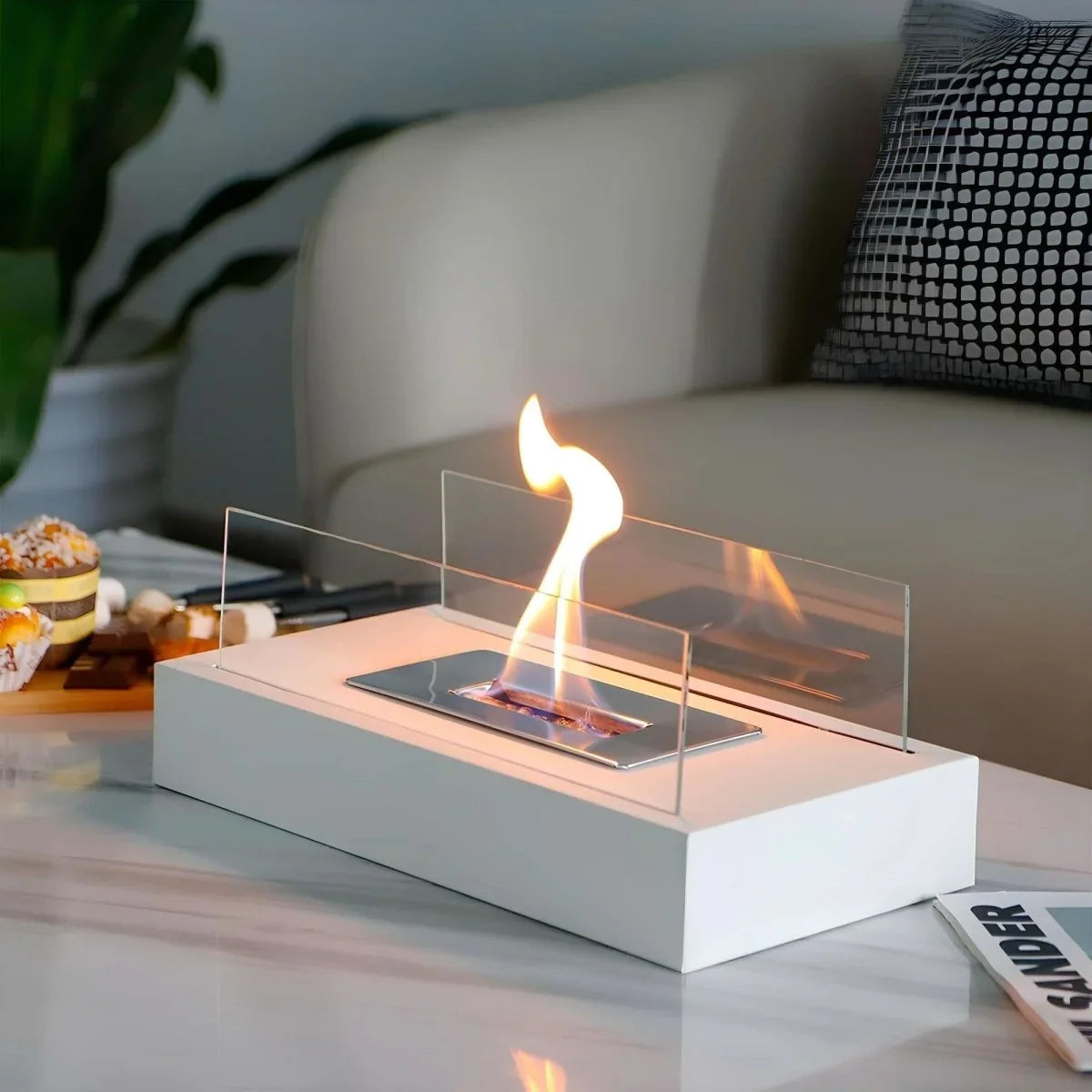 Tabletop Bioethanol Fireplace Portable Tempered Glass & Steel Smoke-Free Burning