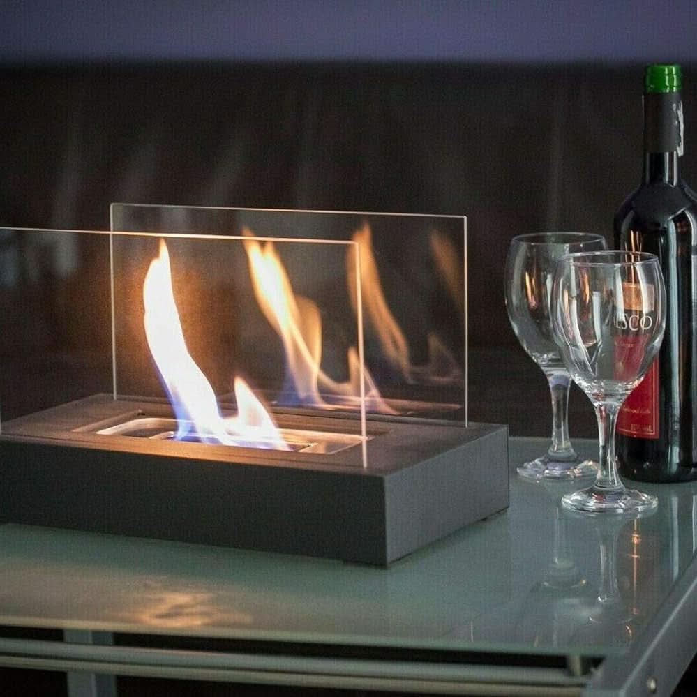 Tabletop Bioethanol Fireplace Portable Tempered Glass & Steel Smoke-Free Burning